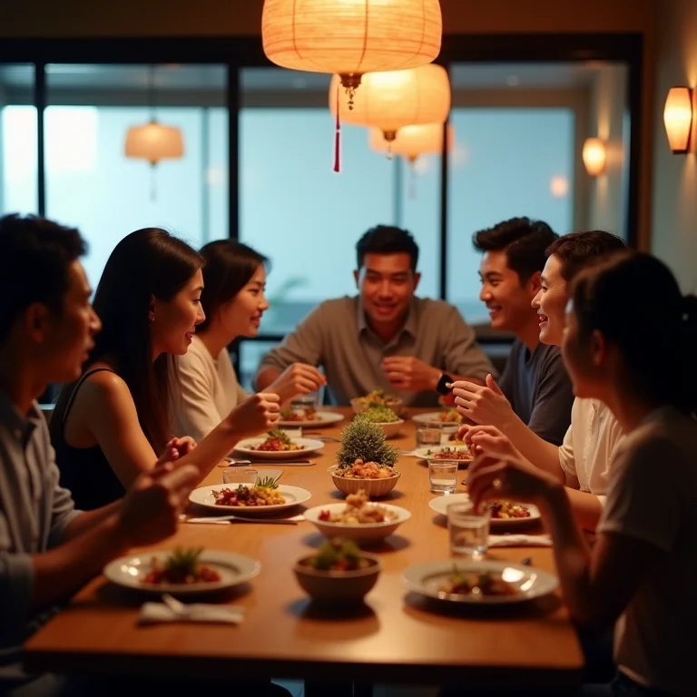 Amigos desfrutando de uma refeição em um restaurante chinês.