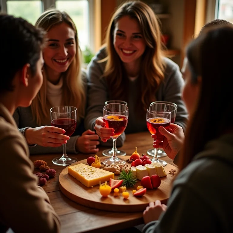 Amigos desfrutando vinho quente com queijos.
