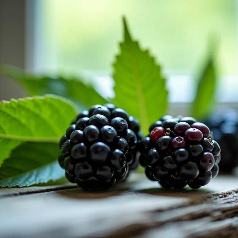 Amoras frescas e folhas de amoreira em luz natural.