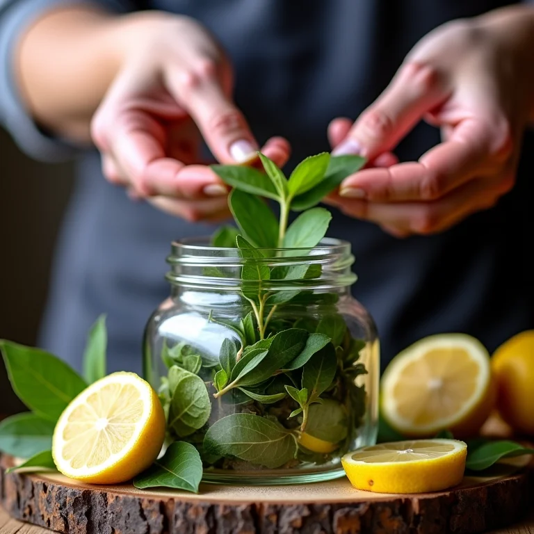 Armazenando erva cidreira seca em pote de vidro para preservar o aroma e sabor.