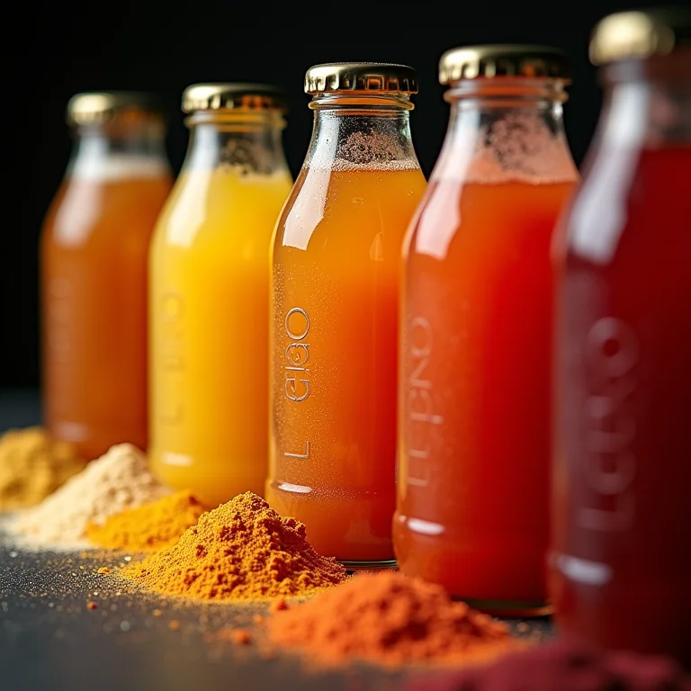 Aromatizantes artificiais de frutas ao lado de chás gelados industrializados.