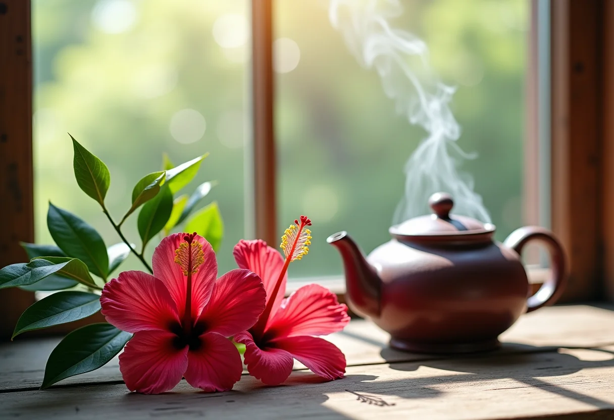 Arranjo de flores de hibisco e folhas de oliveira com bule em mesa rústica.