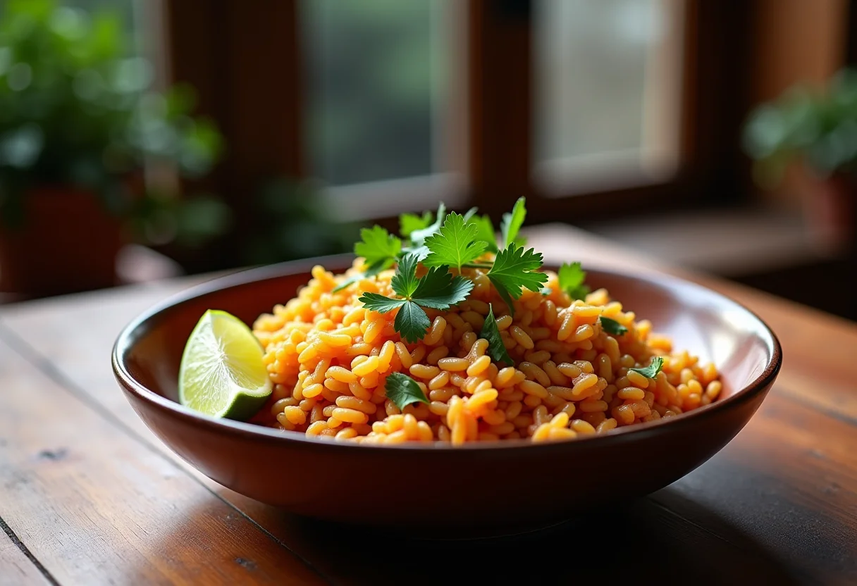 Arroz com frango desfiado em tigela rústica, com limão e coentro.