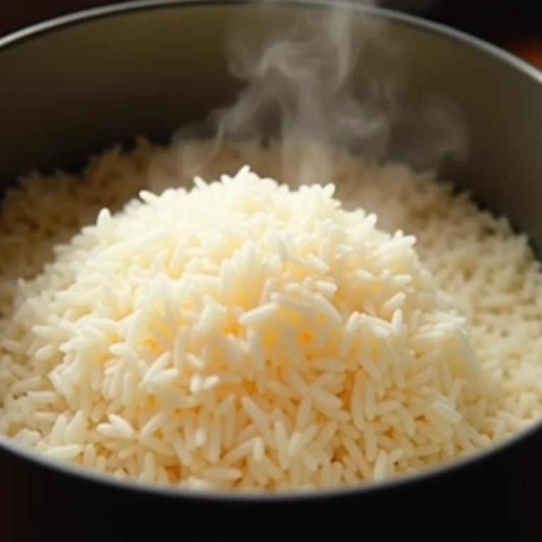 Arroz cozinhando em uma panela, em close-up.