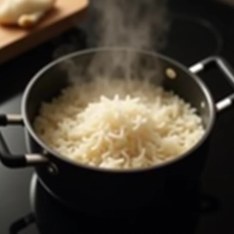 Arroz cozinhando em uma panela.