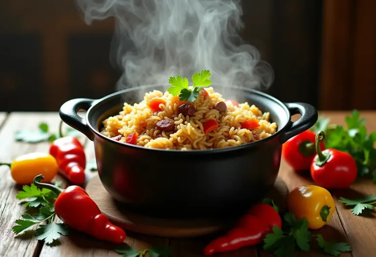 Arroz Maria Isabel sendo servido fumegante em uma mesa rústica.