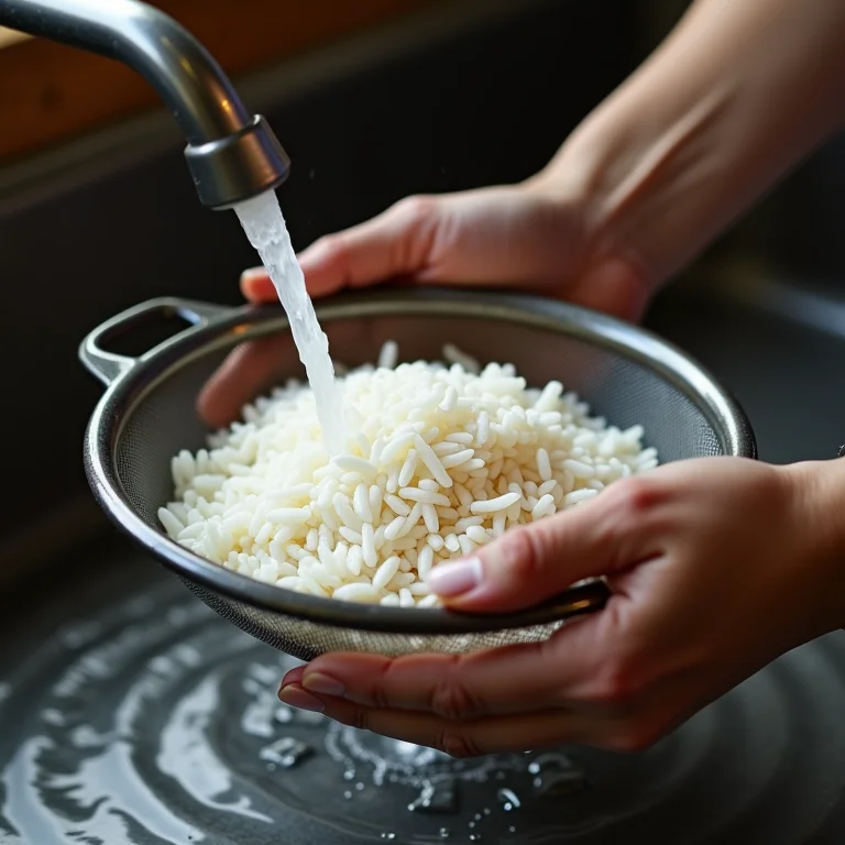 Arroz sendo lavado em água corrente.