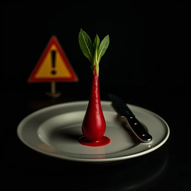 Arruda ao lado de uma faca de chef e sinal de alerta