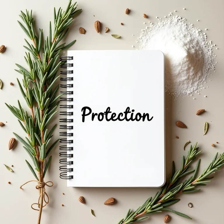 Arruda, sal grosso e caderno com a palavra Proteção em um flat lay.