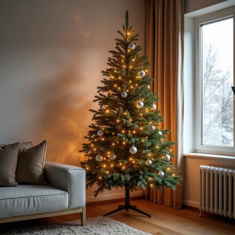 Árvore de Natal minimalista em uma sala de estar moderna.