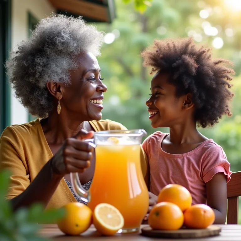 Avó e neta desfrutando um chá com suco saboroso