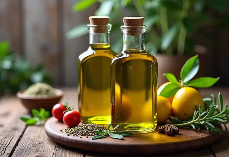 Azeite aromatizado com ervas e especiarias em mesa rústica.