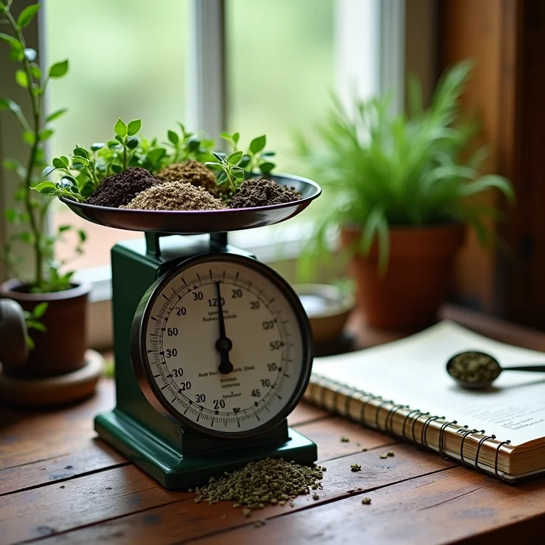 Balança com ingredientes de chá, colher medidora e caderno de anotações sobre ervas.