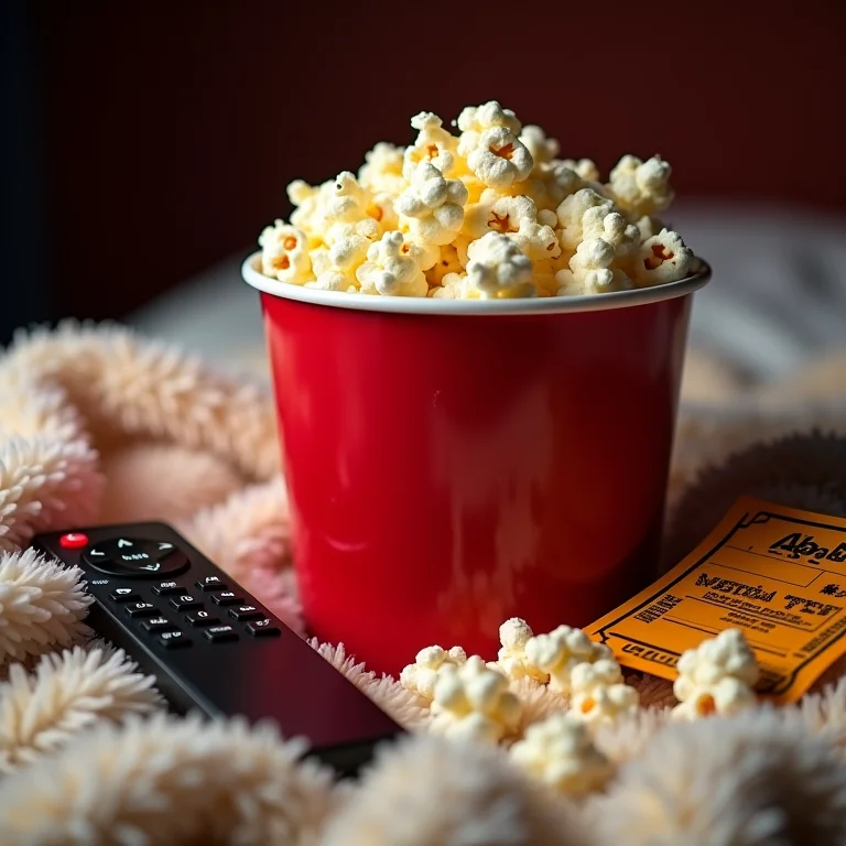 Balde de pipoca, ingressos e doces em noite de cinema em casa.