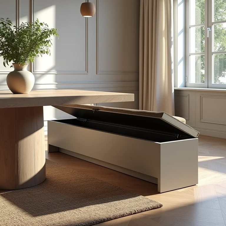 Banco baú com espaço de armazenamento em sala de jantar