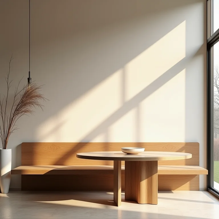 Banco de madeira otimizando espaço em sala de jantar