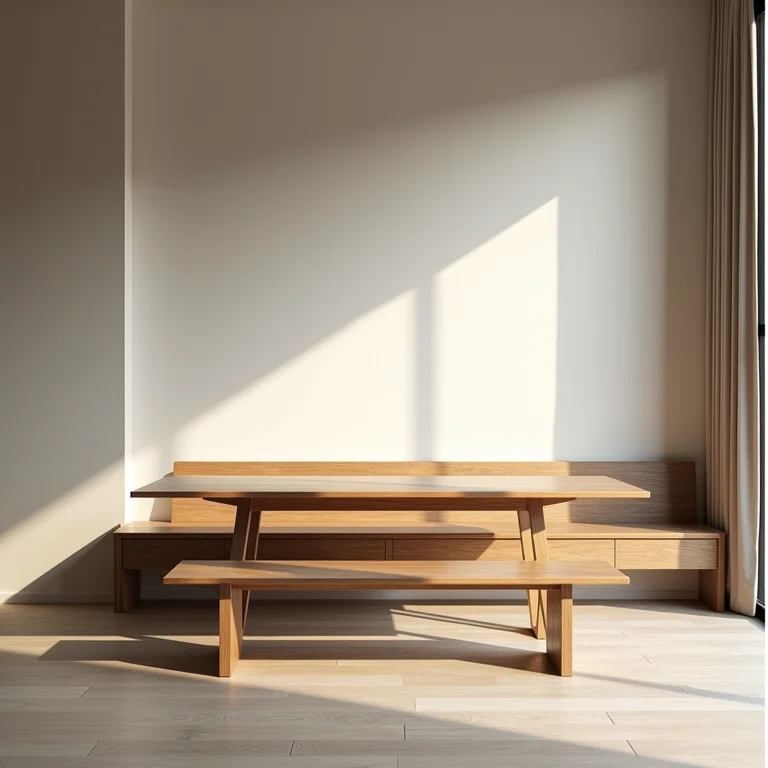 Banco de madeira sem encosto em sala de jantar minimalista