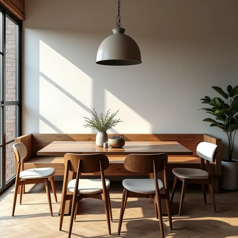 Banco rústico e cadeiras modernas em sala de jantar