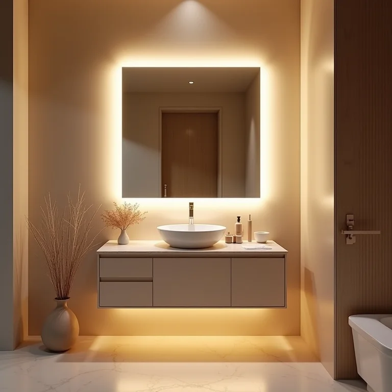 Banheiro com iluminação indireta sob a bancada e atrás do espelho.