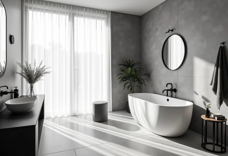 Banheiro preto e branco com design moderno e elegante