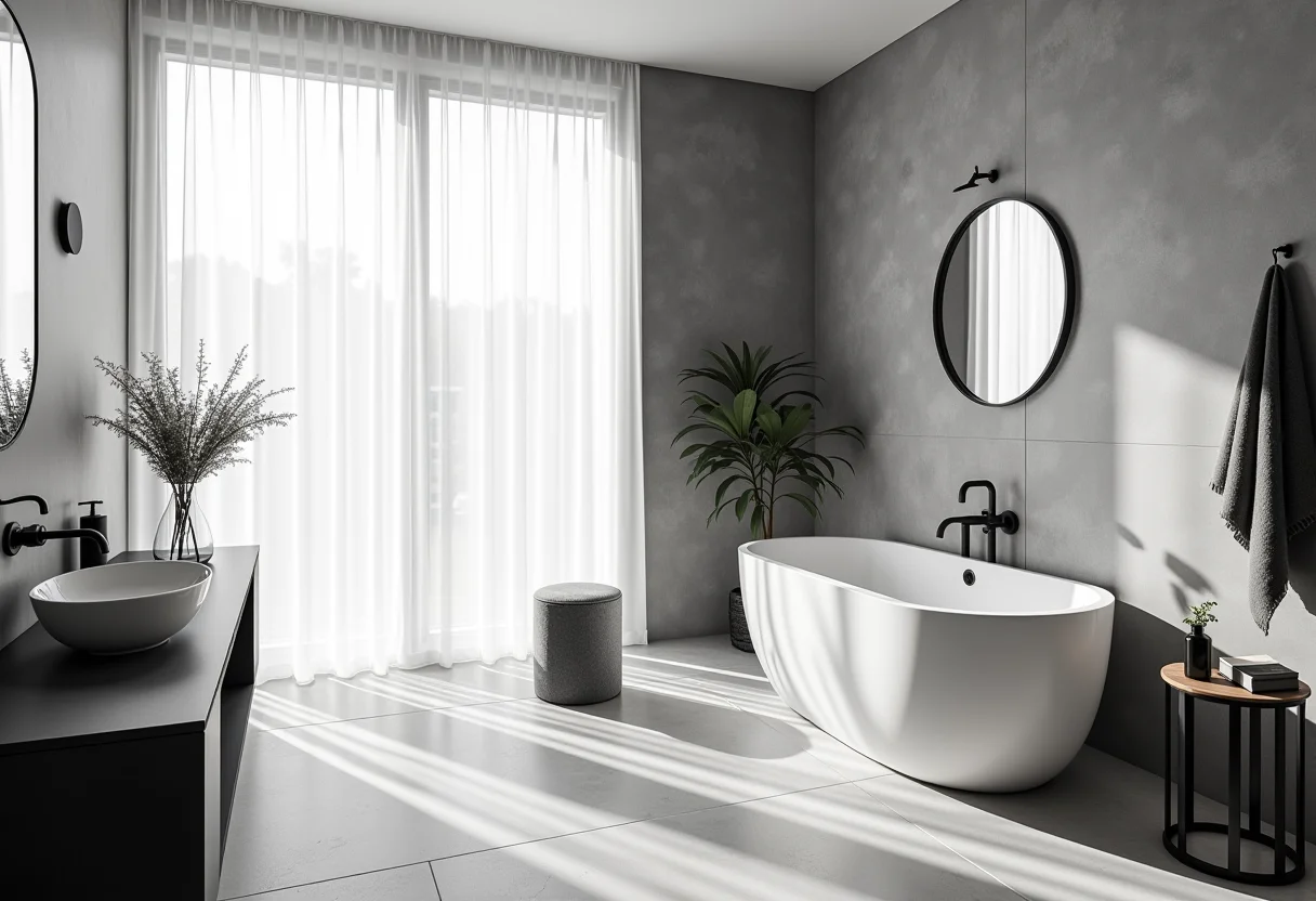 Banheiro preto e branco com design moderno e elegante