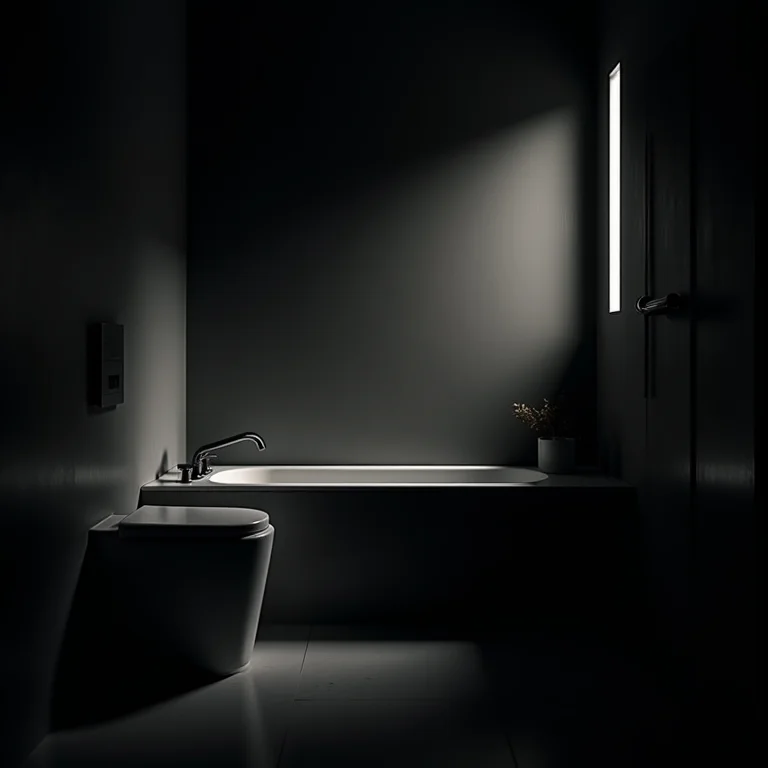 Banheiro preto e branco com luz insuficiente