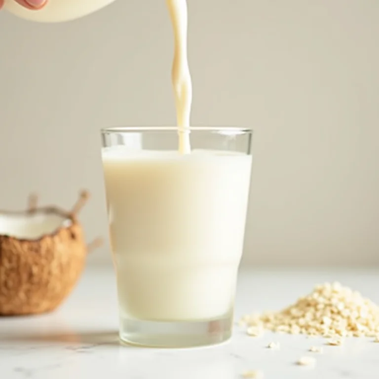 Base cremosa de leite vegetal sendo despejada em um copo, com ingredientes como leite de amêndoa, coco e aveia ao redor.