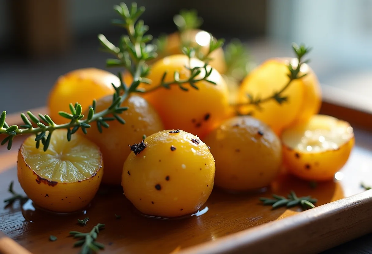 Batatas assadas com tomilho em close-up, prontas para servir.