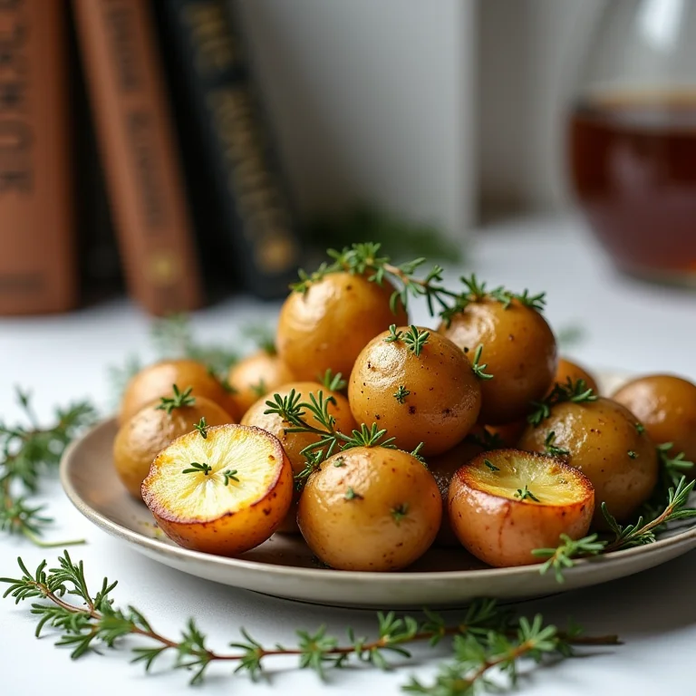 Batatas assadas e raminhos de tomilho com livros de culinária ao fundo.