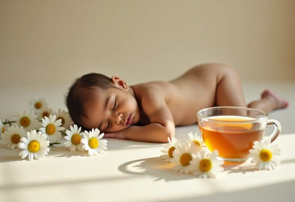 Bebê dormindo perto de camomila e chá.