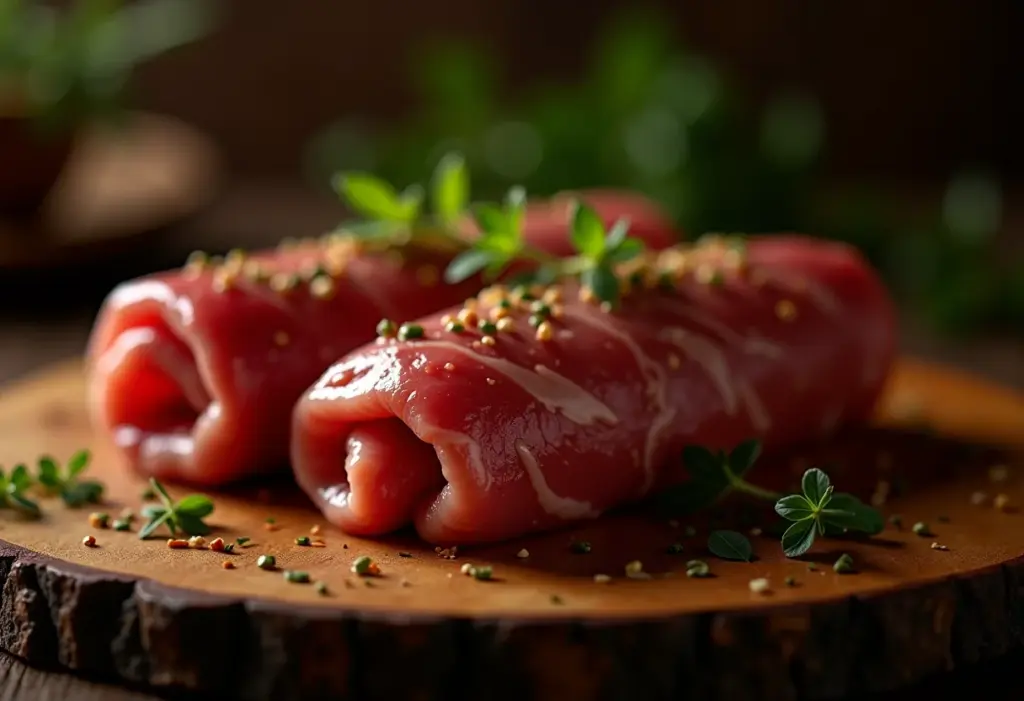 Tempero para bife à rolê: O segredo do sabor perfeito está aqui Bifes à rolê temperados em uma tábua de madeira rústica.