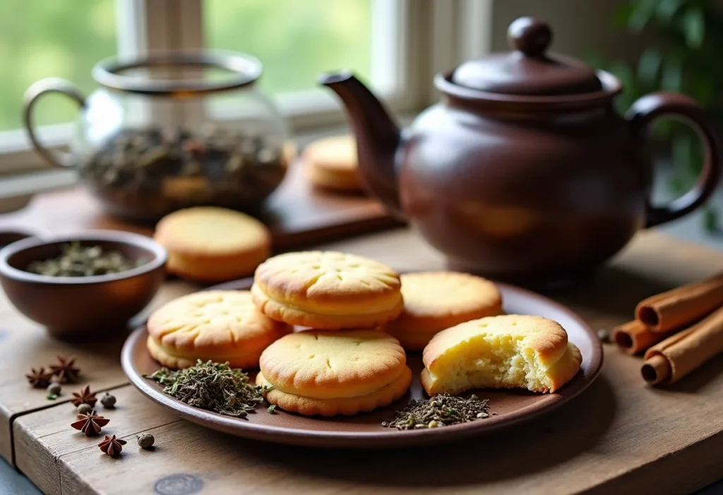 Biscoitos amanteigados e ingredientes de chá em mesa rústica