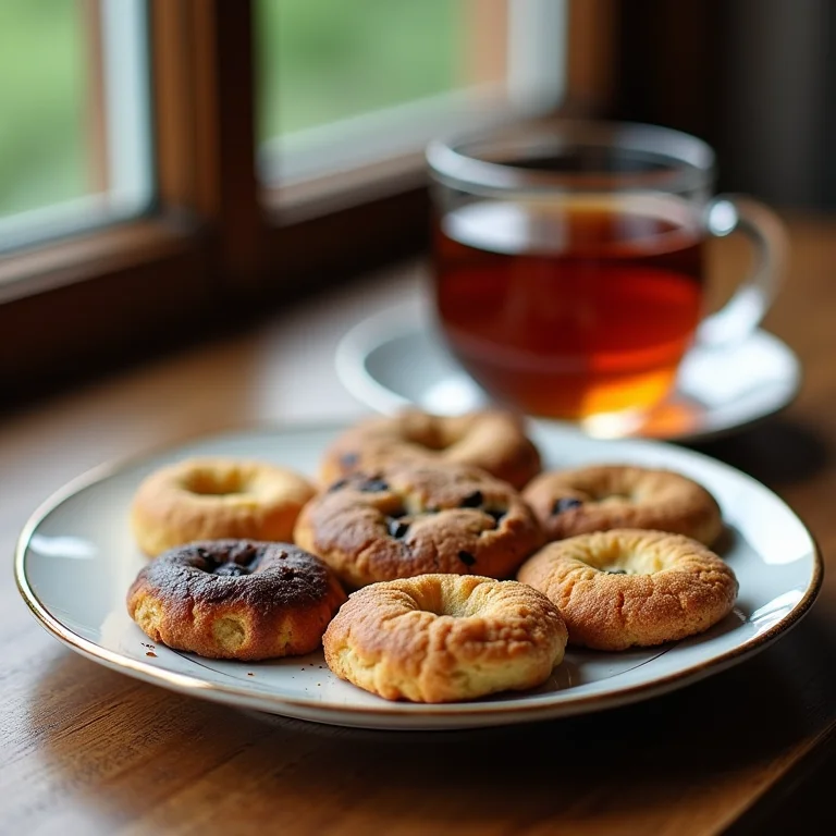 Biscoitos e doces ao lado de uma xícara de chá.