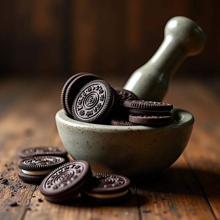 Biscoitos Oreo sendo triturados para o chá gelado.