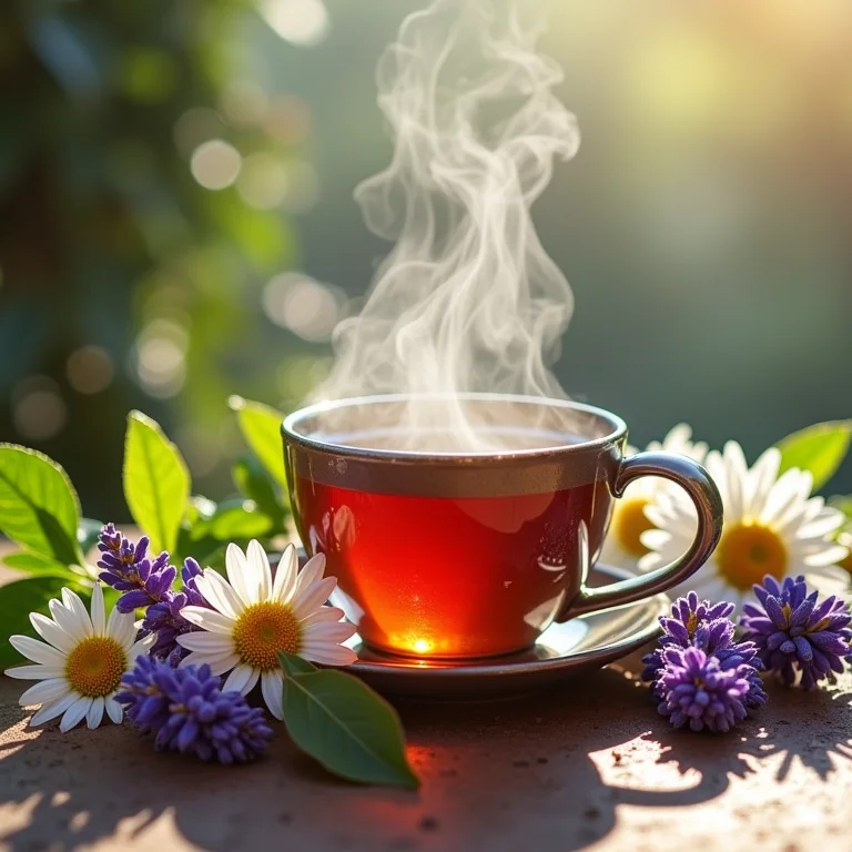 Blend relaxante de camomila, lavanda e melissa em xícara fumegante