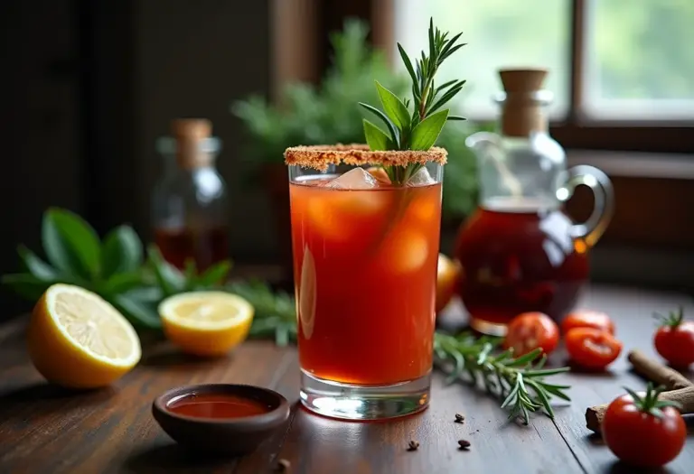 Bloody Mary de chá sendo preparada com ingredientes frescos em mesa de madeira rústica