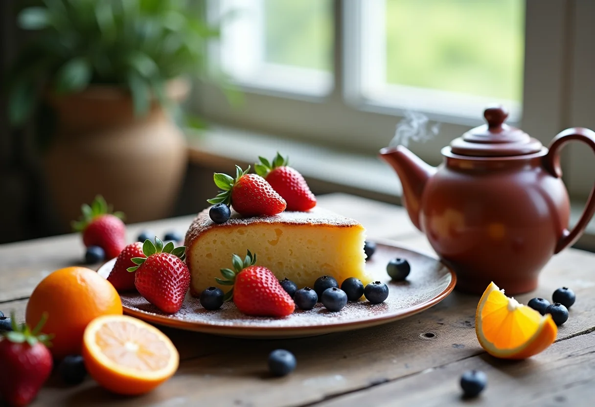 Bolo de frutas caseiro acompanhado de chá quente em mesa rústica.