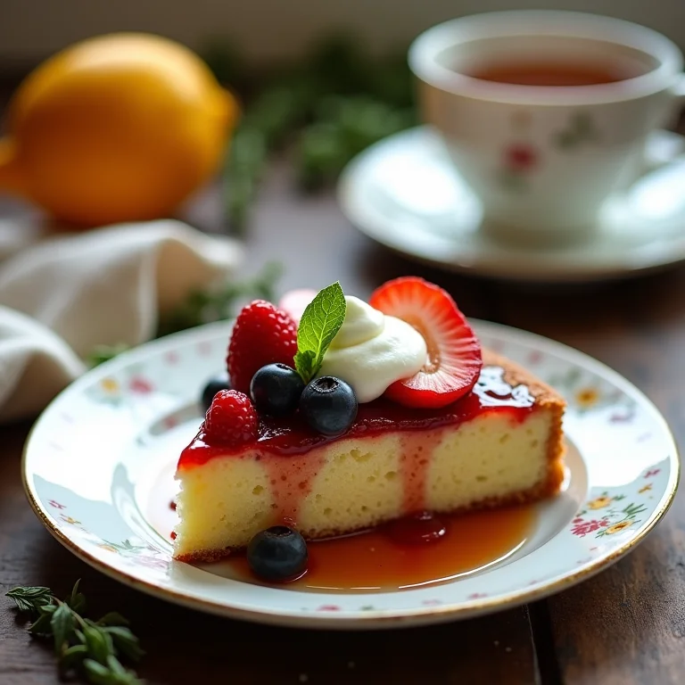Bolo de frutas com diversas coberturas e acompanhamentos.