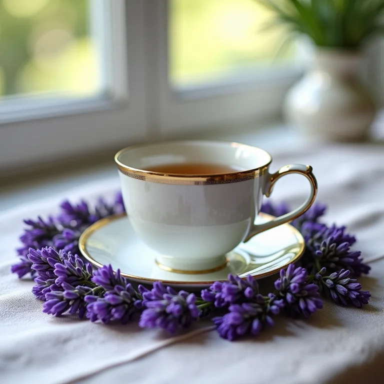 Botões de lavanda frescos e secos ao redor de uma xícara de chá
