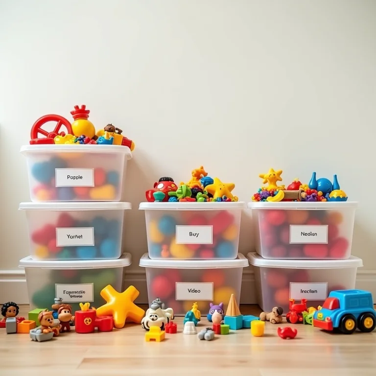 Brinquedos organizados em caixas transparentes.