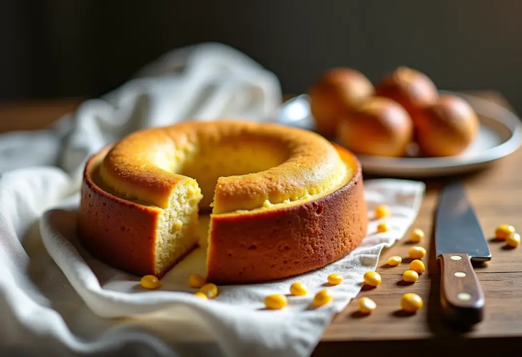 Broa de Fubá Cremosa caseira sobre mesa de madeira rústica