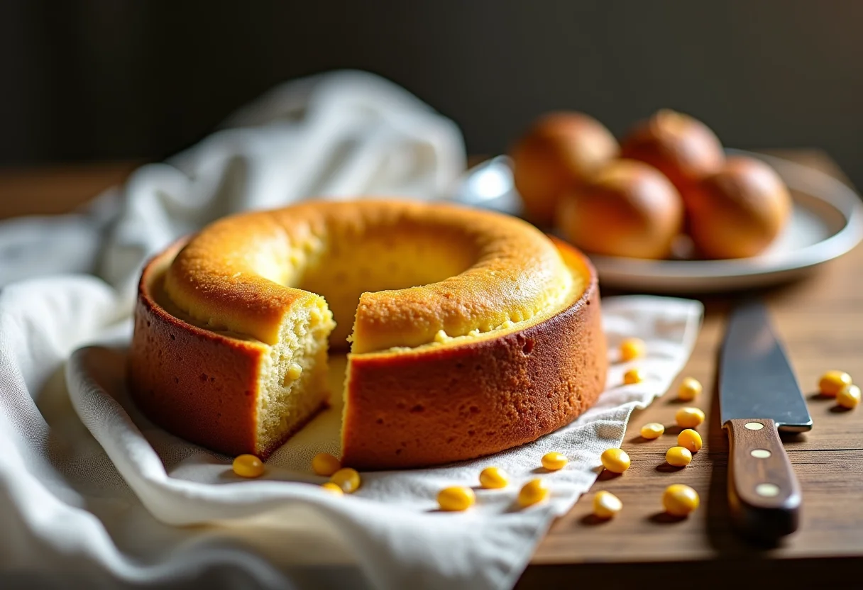 Broa de Fubá Cremosa caseira sobre mesa de madeira rústica