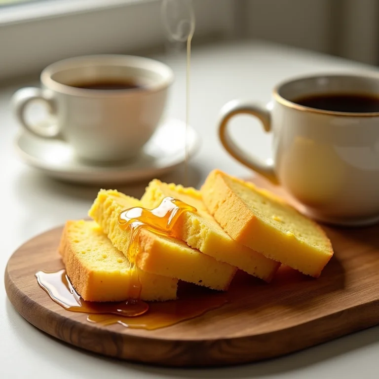 Broa de fubá cremosa servida com mel e café fresco
