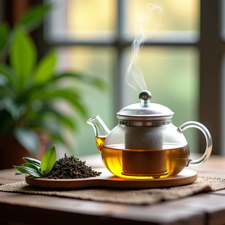 Brotos de chá branco e bule de vidro com chá branco em infusão.