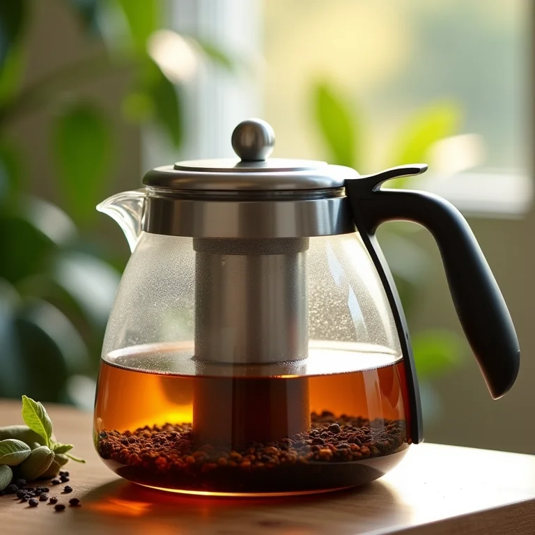 Bule de aço inoxidável com infusor interno e folhas de chá preto.