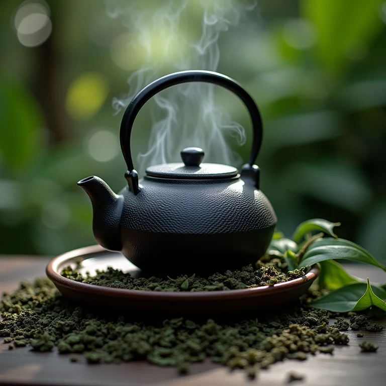 Bule de ferro fundido com chá fumegante.