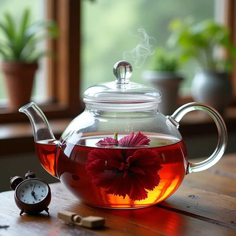 Bule de vidro com chá de hibisco em infusão e um timer ao lado.