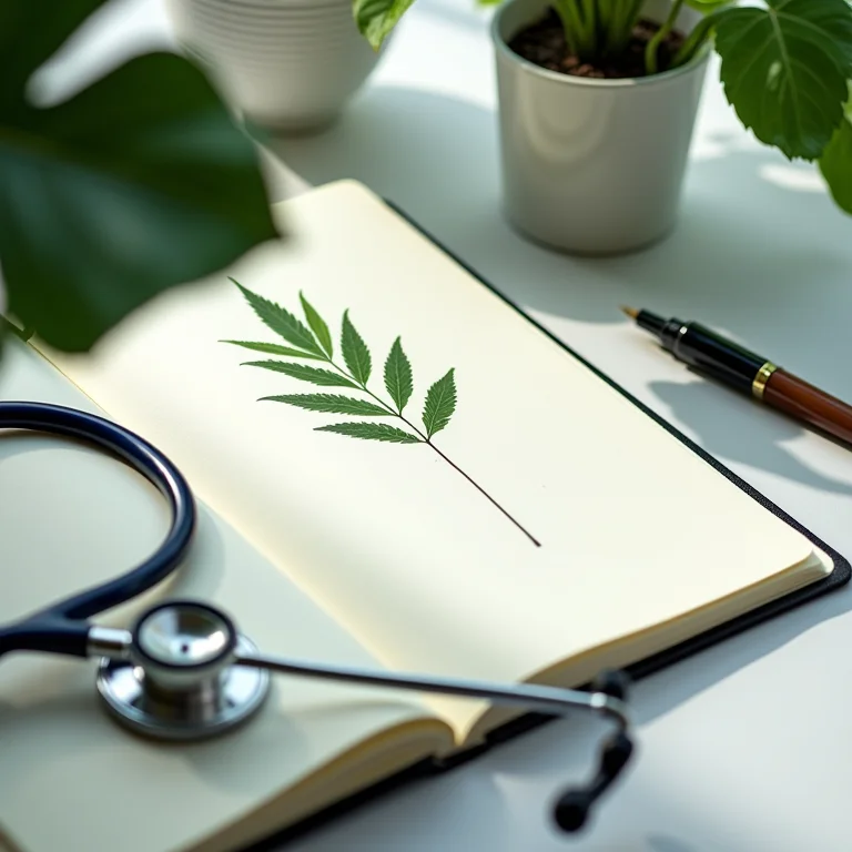 Caderno com informações essenciais sobre a planta, caneta e estetoscópio