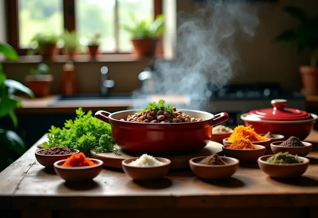 Caldinho de feijão fumegante com temperos variados ao redor.