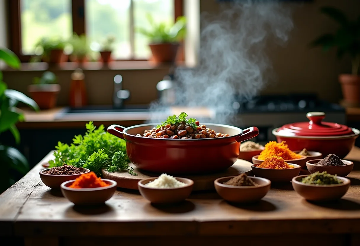 Caldinho de feijão fumegante com temperos variados ao redor.